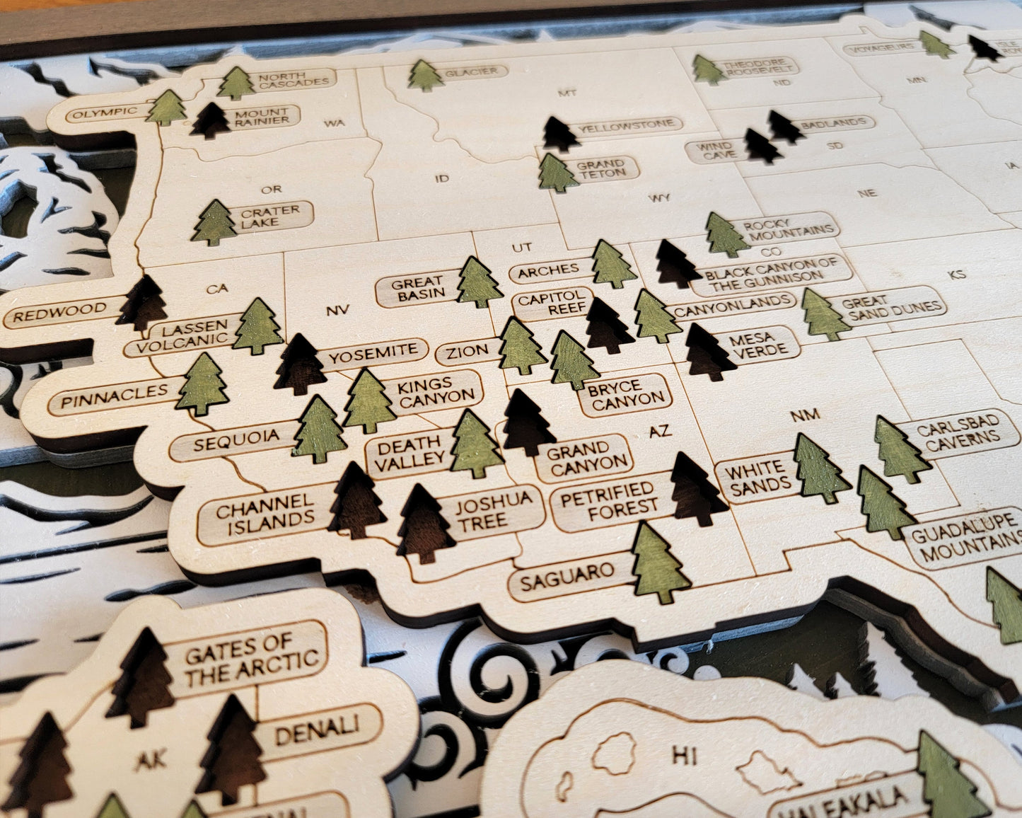 National Parks travel map with hiking design by The Hollow & Hill Co. LLC, personalized for outdoor adventure enthusiasts.