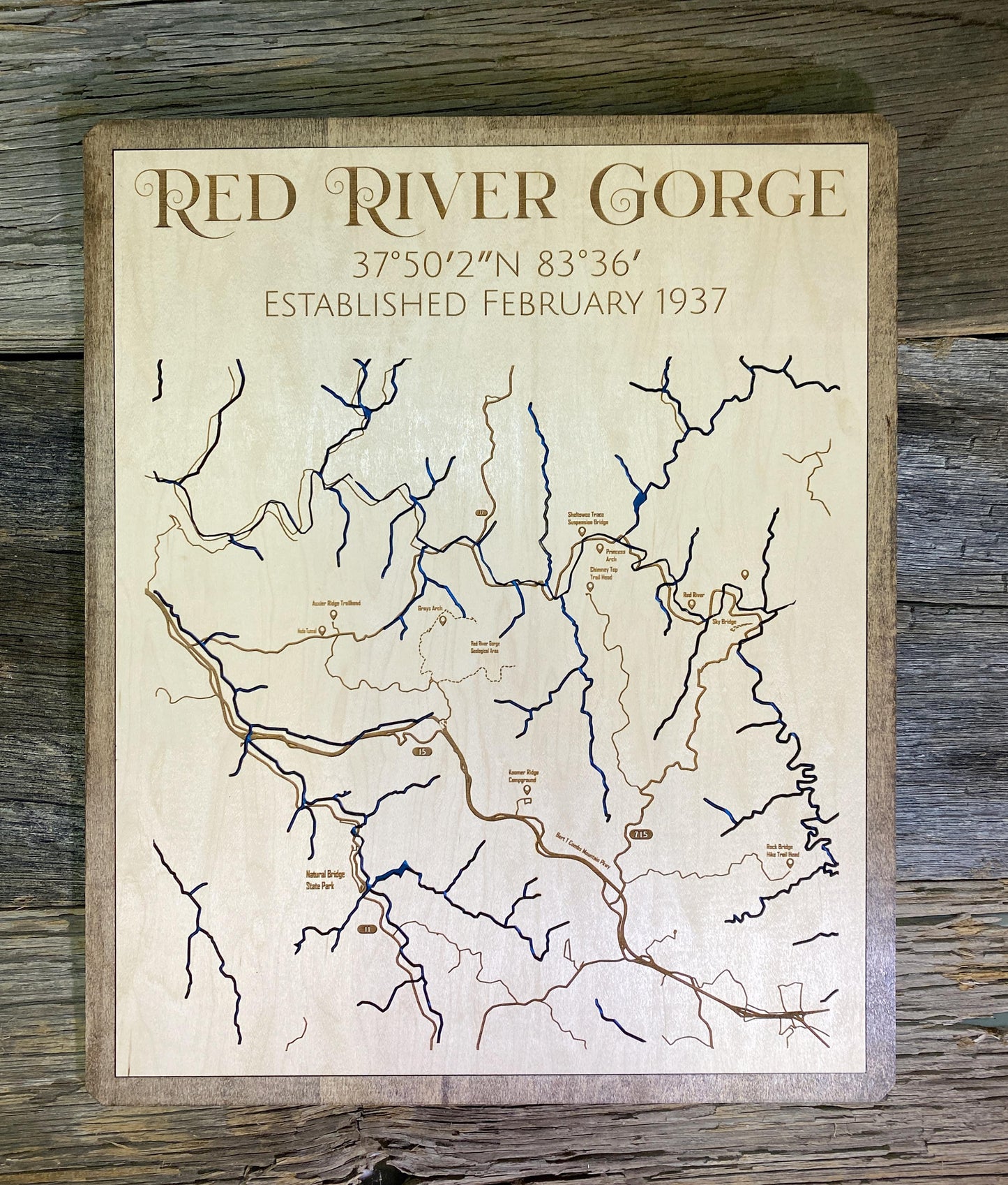 Laser engraved Red River Gorge map by The Hollow & Hill Co. LLC showing detailed topography and scenic landmarks.