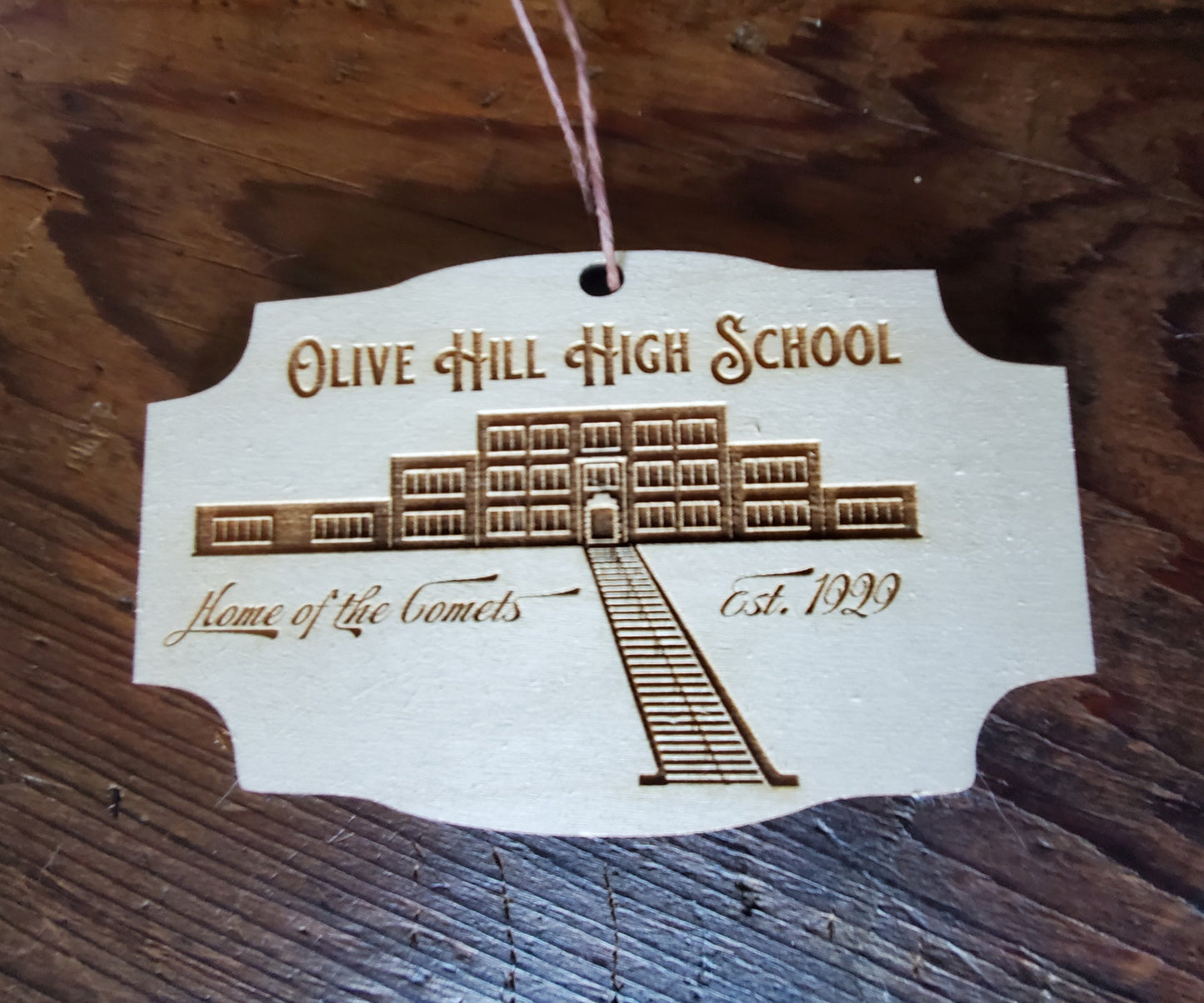 Olive Hill High School Carter County Kentucky ornament by The Hollow & Hill Co. LLC featuring a detailed school building design.