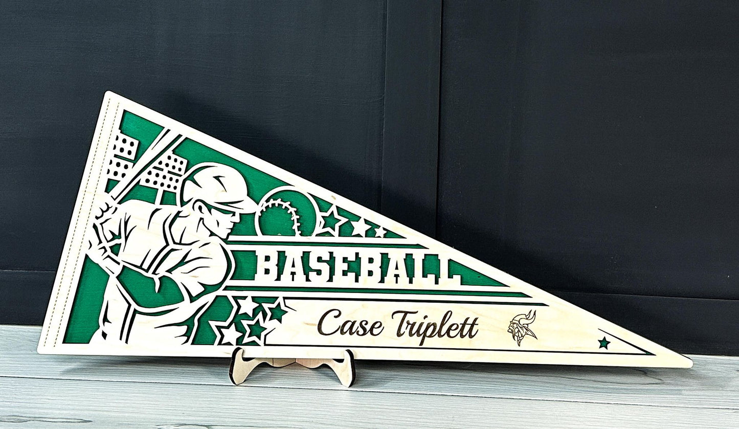 Laser cut personalized baseball pennant sports sign by The Hollow & Hill Co. LLC, featuring customizable male and female versions.