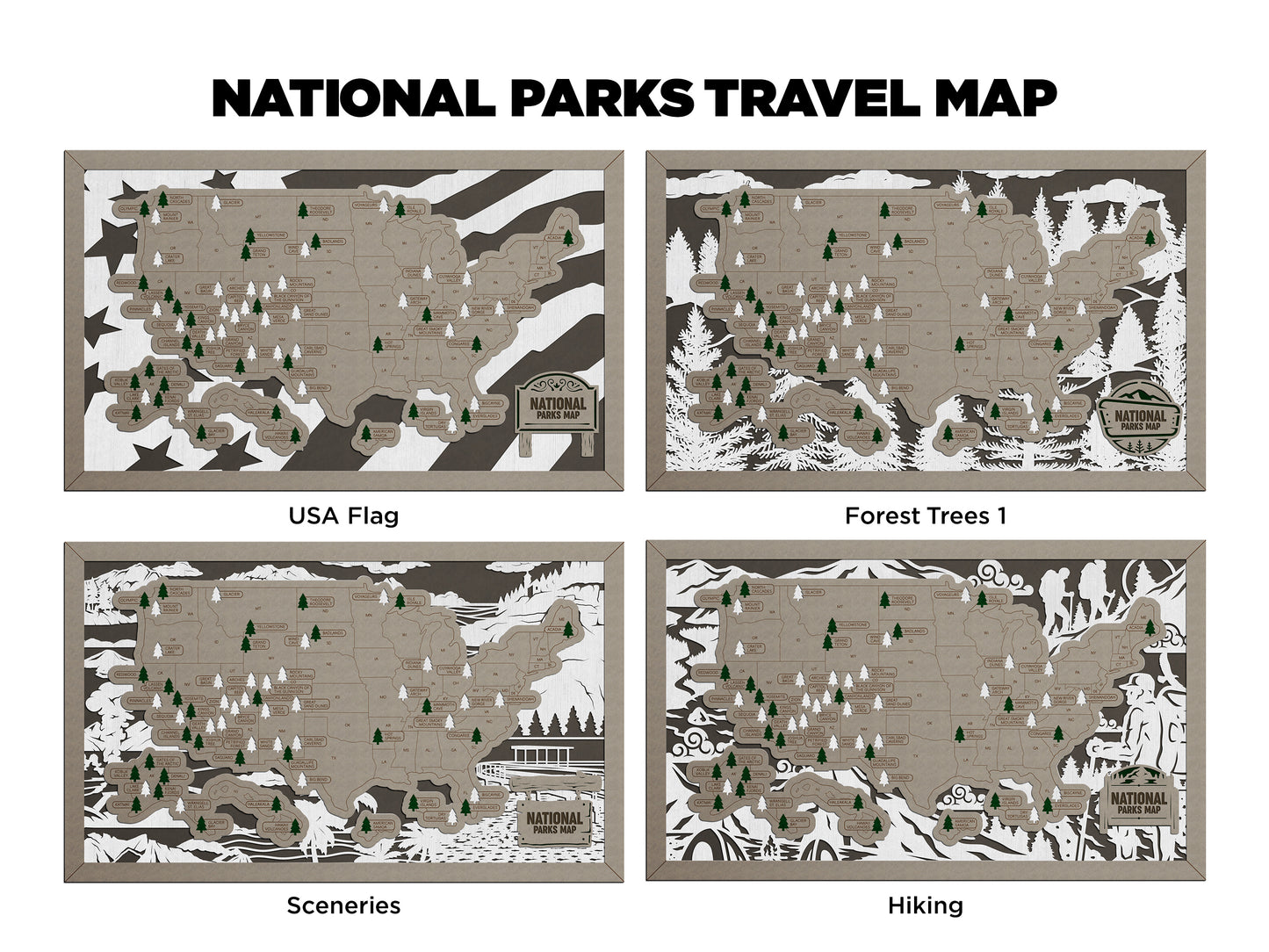 Customizable National Parks travel map by The Hollow & Hill Co. LLC, featuring detailed illustrations of U.S. national parks.