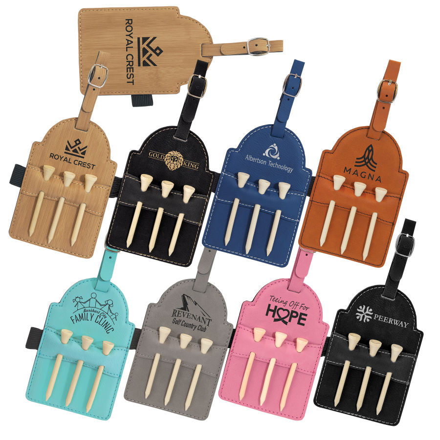 Laserable leatherette golf bag tag with JDS branding, featuring space for personalization and included wooden tees.