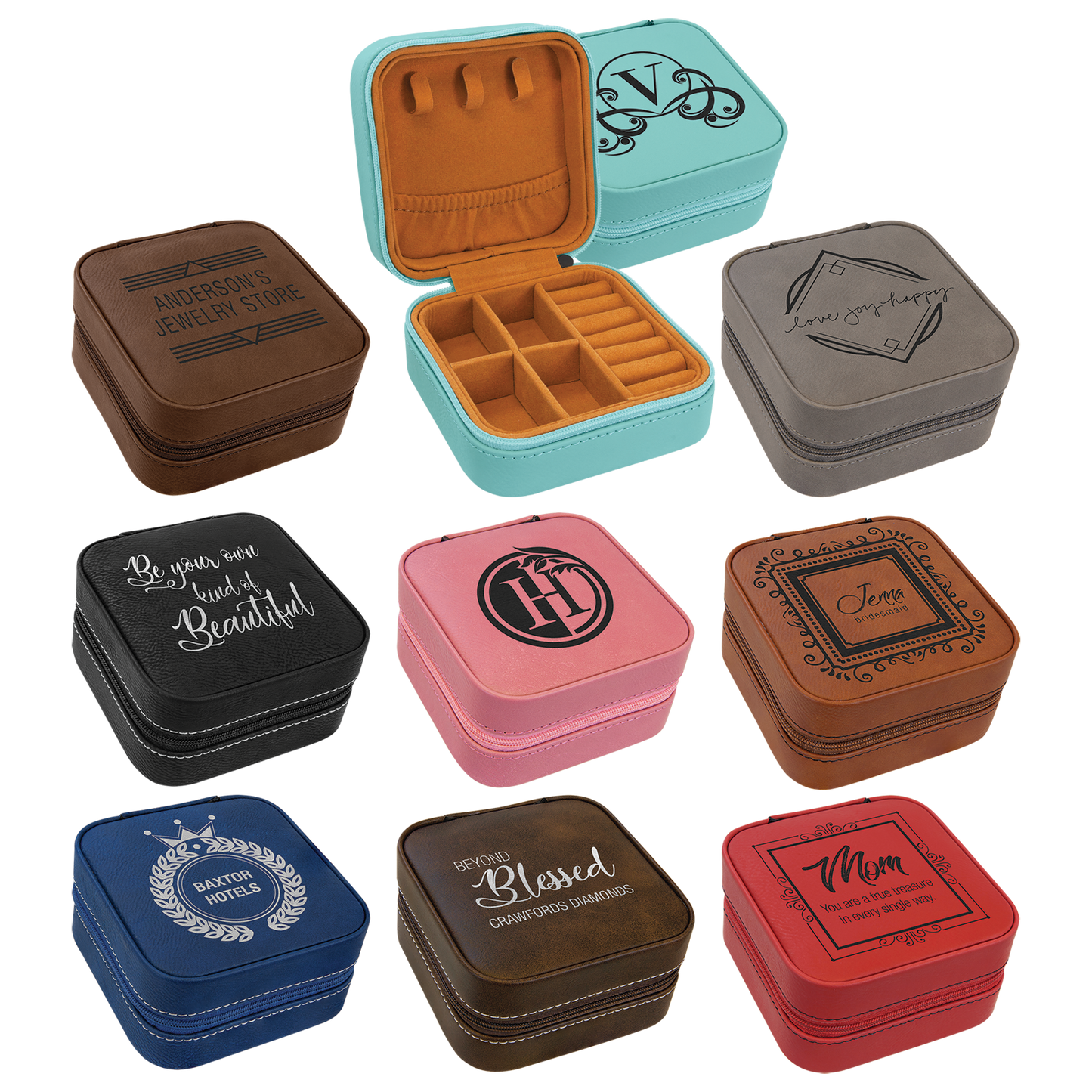 JDS laserable leatherette travel jewelry box, 4x4 inches, with compartments for storing rings, necklaces, and earrings.