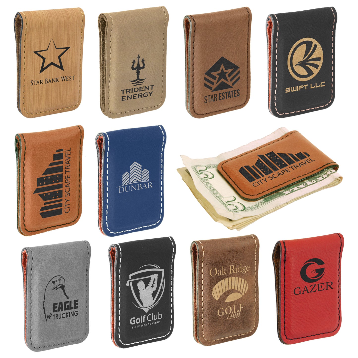 Personalized leatherette money clip with custom engraving, 1 3/4" x 2 1/2", JDS brand, sleek and stylish accessory.