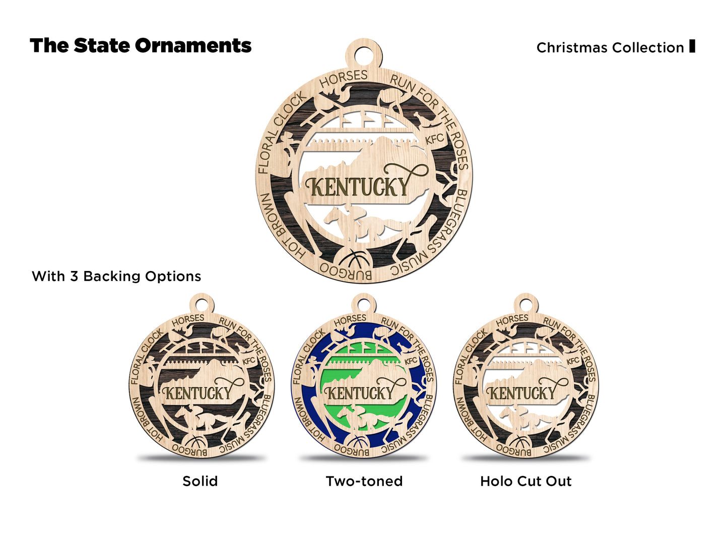 Kentucky State Wood 2-layer ornament by The Hollow & Hill Co., featuring intricate wood craftsmanship and state shape design.