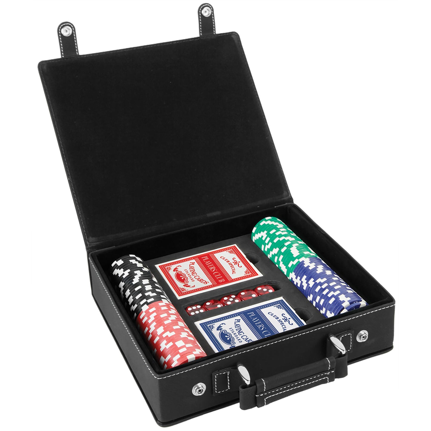 Laserable Leatherette 100 Chip Poker Set by JDS, featuring colorful poker chips and playing cards for poker game play.