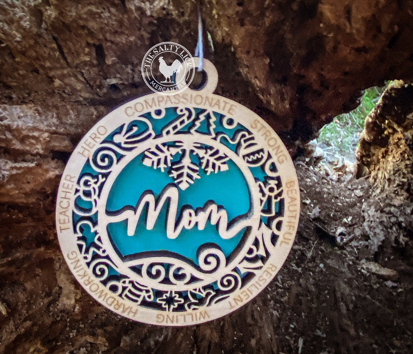 Mom 2-layer wood ornament by The Hollow & Hill Co. LLC featuring a layered wooden design with engraved "Mom" text.