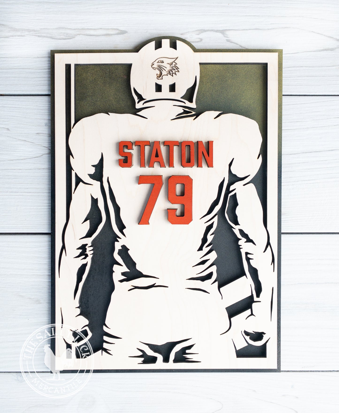 Personalized boys football player plaque with custom name from The Hollow & Hill Co. LLC, featuring a football-themed design.