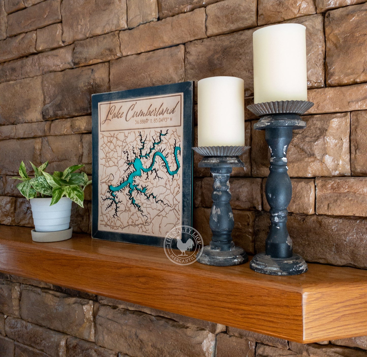 Laser-engraved map of Lake Cumberland by The Hollow & Hill Co. LLC, showcasing detailed topographical features.