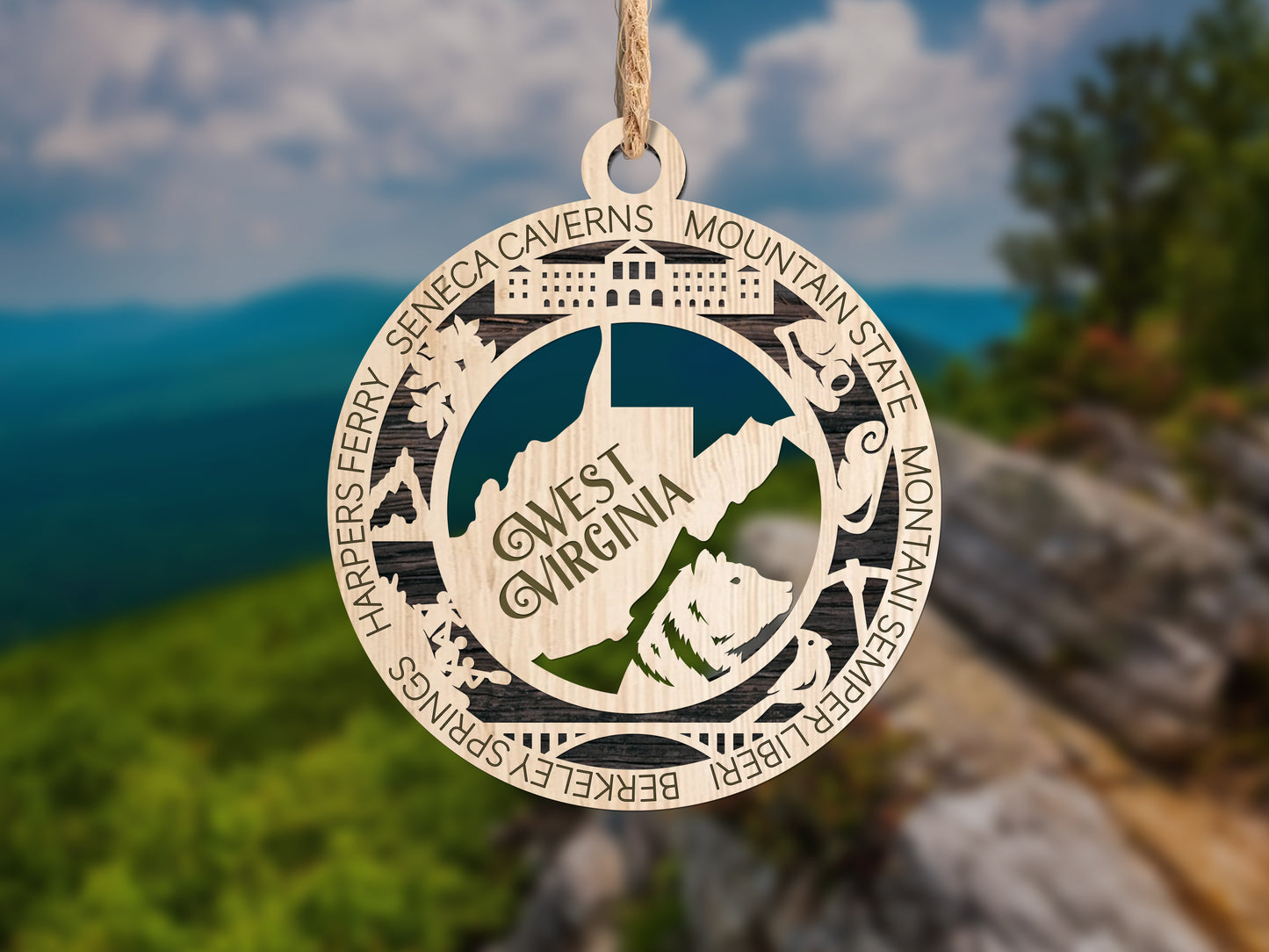 West Virginia state wood ornament with two layers, handcrafted by The Hollow & Hill Co. LLC, showcasing detailed state shape.