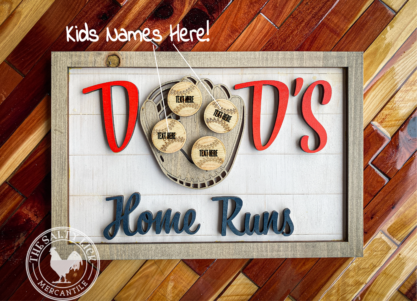 Dad's Home Runs Fathers Day sign, decorative gift by The Hollow & Hill Co., featuring a baseball-themed design for celebrating dad.