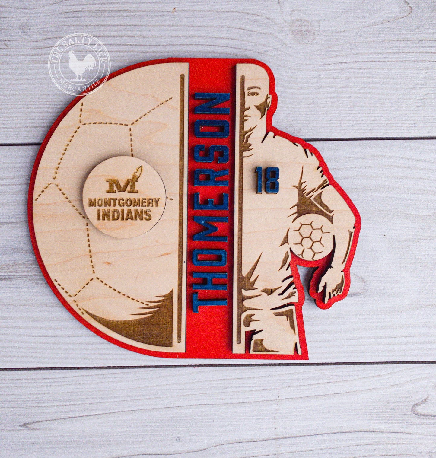 Personalized boys soccer player sports sign by The Hollow & Hill Co. LLC, featuring a soccer figure and customizable name text.