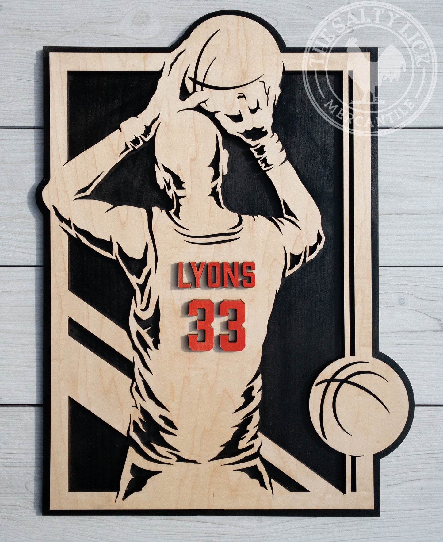 Personalized boys basketball player plaque by The Hollow & Hill Co. LLC, featuring a sports-themed sign with a basketball player illustration.