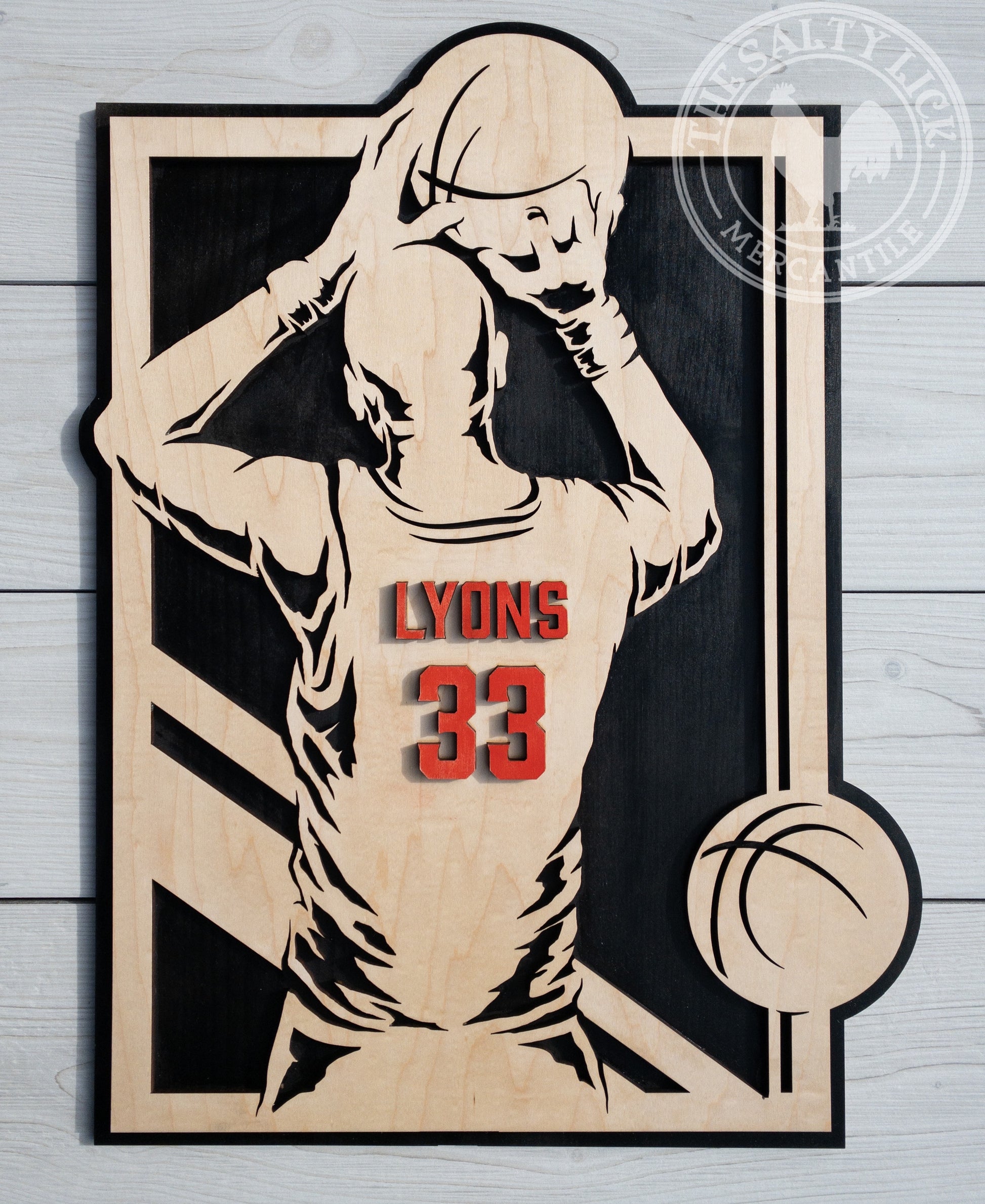 Personalized boys basketball player plaque by The Hollow & Hill Co. LLC, featuring a sports-themed sign with a basketball player illustration.
